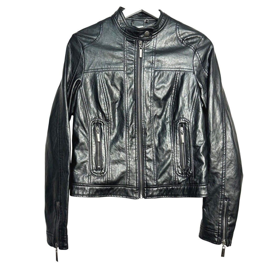 J2 Women Black Faux Leather Moto Biker Jacket Mandarin Collar Size Medium
